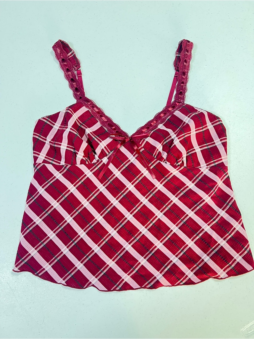 No Boundaries Red Plaid Lace-Trim Tank Top
